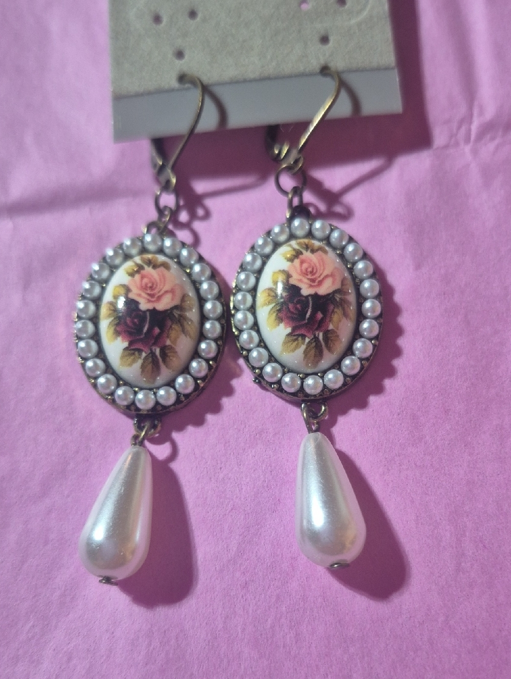 Vintage-Inspired Pink Rose Pearl Drop Earrings